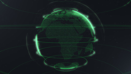 Futuristic sphere of dots. Globalization interface. Sense of science and technology abstract graphics. 3D rendering. Green loops around sphere. Sidepieces of the planet are glowing and sparking.