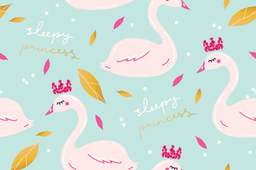 Sweet sleepy princess swan pattern. Cute nursery childish print. Cartoon hand drawn vector illustration.