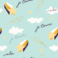 Seamless scandinavian childish pattern. Lovely pattern for kids with sign "Je T'aime" - I love you in english. Vector illustration. Scandinavian style pattern template for fabric, wrapping, textile.