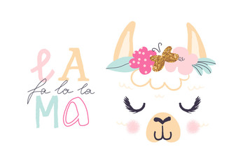 Llama handdrawn vector illustration. Slogan for t shirt. Modern beautiful print for kids. Creative funny typography slogan design.