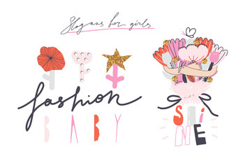 Girl slogans for t shirt. Modern print for girls. Vector illustration. Creative typography slogan design. Signs "FASHION BABY", "SHINE".