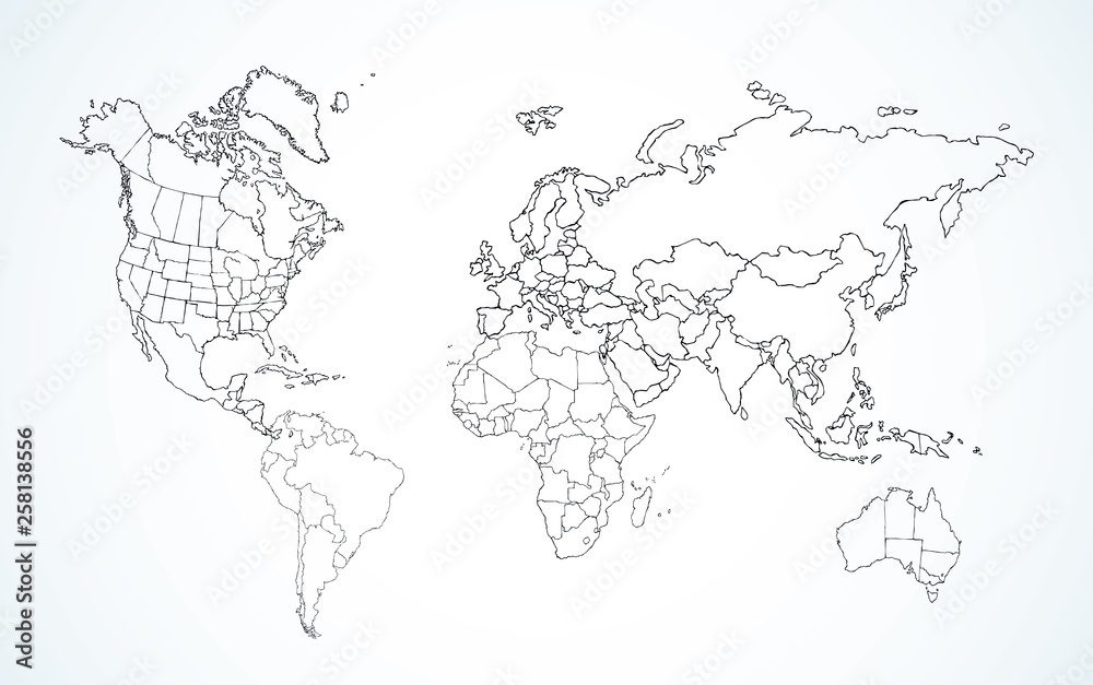 Poster world map. continents with the contours of the countries. vector drawing