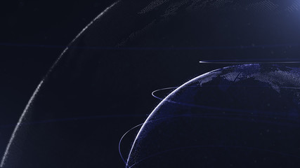 Abstract sphere. Connected navy blue dots with lines. Globalization interface. Dots accumulation. Close up photo. Planet is situated on the right corner.