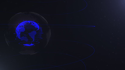 Abstract sphere. Connected navy blue dots with lines. Globalization interface. Planet is situated on the left side.
