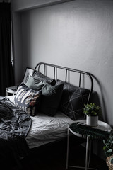 Scandinavian style gray Bedroom   in natural light scene setting / cozy interior design / nordic style / bedroom concept