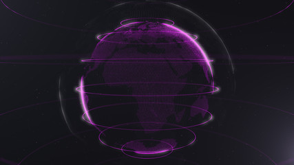 Violet abstract sphere. Connected violet dots with lines. Globalization interface. Planet is situated on the centre. Close up.