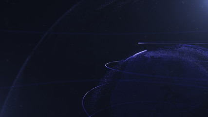 Abstract sphere. Connected navy blue dots with lines. Globalization interface. Dots accumulation. Close up photo. Planet is situated on the right corner.