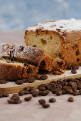 Delicious homemade cake with raisins on a light wooden background. close-up. rustic. copy space.