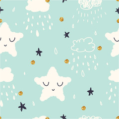 Seamless scandinavian childish pattern with stars. Lovely doodle pattern for kids. Vector illustration. Scandinavian style pattern template for fabric, wrapping, textile.