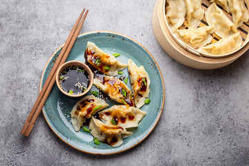 Asian dumplings on blue plate