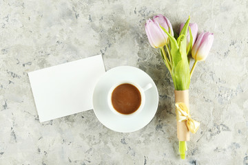 Multy purpose fresh flower composition, bouquet of purple tulips. International Women's day, mother's day greeting concept. Copy space, close up, top view, flat lay, background.