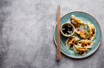 Asian dumplings on blue plate