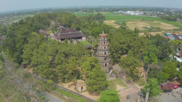 Cinematic aerial view of Thien Mu Pagoda, vietnam