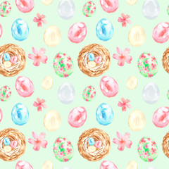 Watercolor Spring Easter seamless pattern on light green background. Bright holiday hand painted illustration with bird nest, colored eggs, spring sakura flowers. For wrapping, cards, textile.