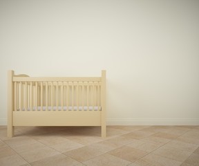 Baby room with crib and ceramic tile flooring. Rendering made using free software Blender 