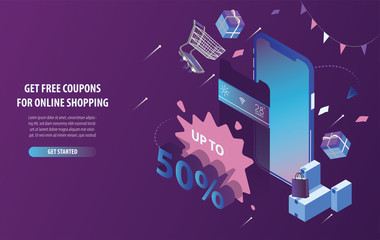 Isometric free discount coupons online shopping, mobile store, and e-commerce in smart phone with purple and blue background. Modern web design