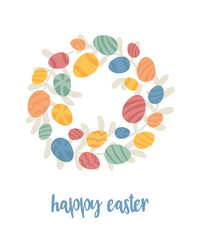 Happy Easter greeting card design. Easter wreath with eggs. Cute cartoon style, Scandinavian hygge mood. Textured decorated eggs. Vector illustration.