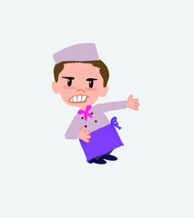 Chef shows very angry something to his left.