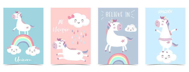Pink blue violet hand drawn seamless pattern with rainbow,heart,cloud,unicorn and rain