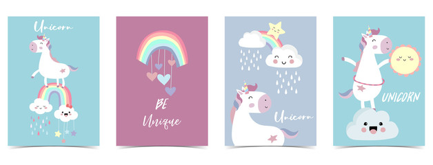 Pink blue violet hand drawn seamless pattern with rainbow,heart,cloud,unicorn and rain