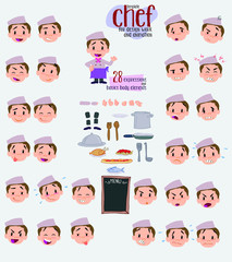Chef. Twenty eight expressions and basics body elements, template for design work and animation. Vector illustration to Isolated and funny cartoon character.