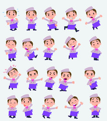 Cartoon character chef. Set with different postures, attitudes and poses, doing different activities in isolated vector illustrations.