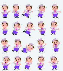 Cartoon character chef. Set with different postures, attitudes and poses, doing different activities in isolated vector illustrations.