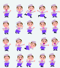 Cartoon character chef. Set with different postures, attitudes and poses, doing different activities in isolated vector illustrations.