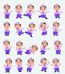 Cartoon character chef. Set with different postures, attitudes and poses, doing different activities in isolated vector illustrations.