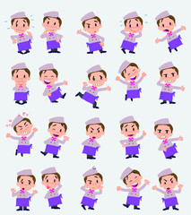 Cartoon character chef. Set with different postures, attitudes and poses, doing different activities in isolated vector illustrations.