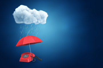 3d rendering of an umbrella protecting an old-fashioned telephone from the rain from a fluffy cloud with much copy space left on the right.