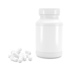 3D White can with vitamins. Bottle with white pills. 3d render. 3D image. 3D model