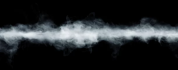 Foto op Aluminium Panoramisch zicht op de abstracte mist of rookbeweging op zwarte achtergrond. Witte bewolking, mist of smog achtergrond. © Tryfonov