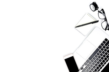 Creative flat lay photo of modern workplace with laptop, top view laptop background and copy space on white background, Above view shot of Computers on white background