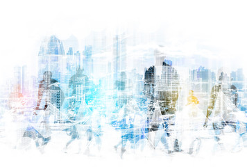 people in the city concept - abstract city skyline and people walking on street double exposure -