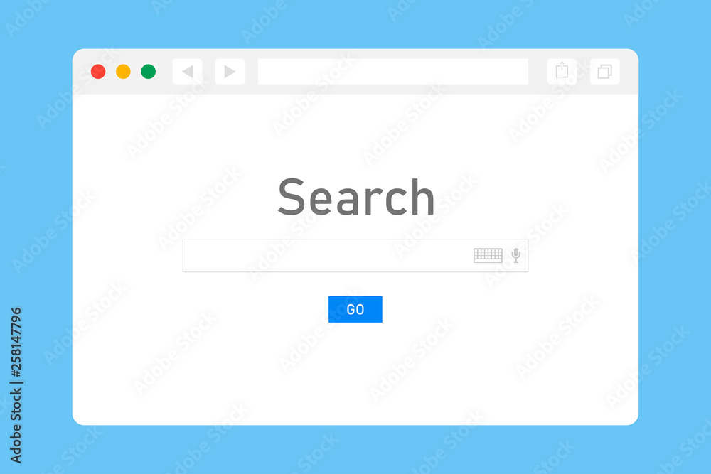 Poster browser window on page search with blue background internet technology.
