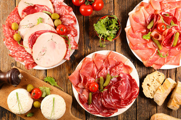 ham, salami, sausage with cheese and baguette