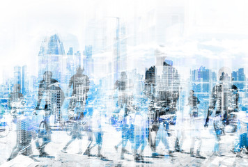 people in the city concept - abstract city skyline and people walking on street double exposure -