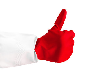 Closeup view hand wearing a rubber glove is giving thumb up of one hand making like gesture. as...
