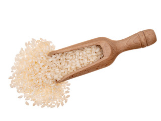 Short grain risotto rice, with wooden scoop, isolated on white background.