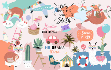 Colorful hand drawn cute card with llama, rainbow,unicorn,sloth,cloud,flamingo,airplane.No drama llama