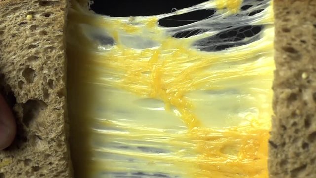 Dark Bread Sandwich with Cheddar Cheese, cooking in slow motion