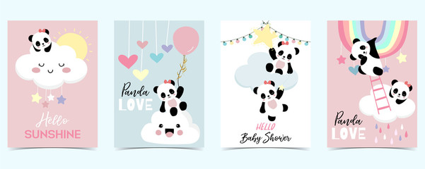 Colorful hand drawn cute card with rainbow,heart,cloud,panda and rain.Hello sunshine