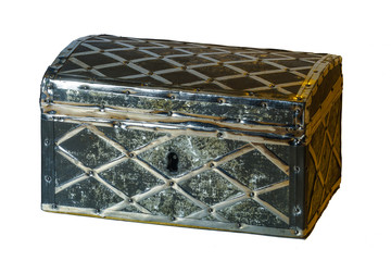 Metal box for storing small items. This is an old product with a lock and key