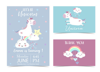 Pink violet hand drawn postcard with rainbow,star,cloud,heart,unicorn and rain
