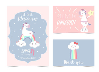 Pink blue hand drawn postcard with rainbow,star,cloud,unicorn and rain