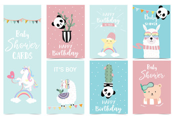 Fototapeta na wymiar pastel baby shower invitation card with unicorn,star,bear,llama and panda