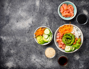 Hawaiian poke bowl with salmon, rice and vegetable