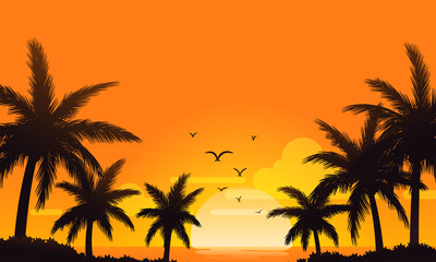 Fototapeta na wymiar summer sunset orange sky with silhouette coconut palm background