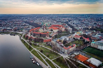 Fototapeta na wymiar Aerial drone view on Cracow and Wawel Castle.